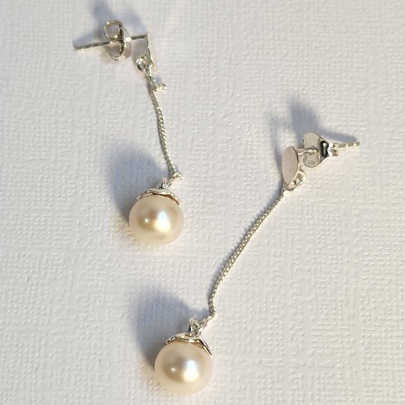 VTG 925 Honora/Tiffany's Style Dangle Drop Pearl Signed Ornate 2" Stud Earrings - Picture 12 of 15